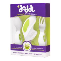 New in box children's cutlery set with knife, fork and spoon, in green.